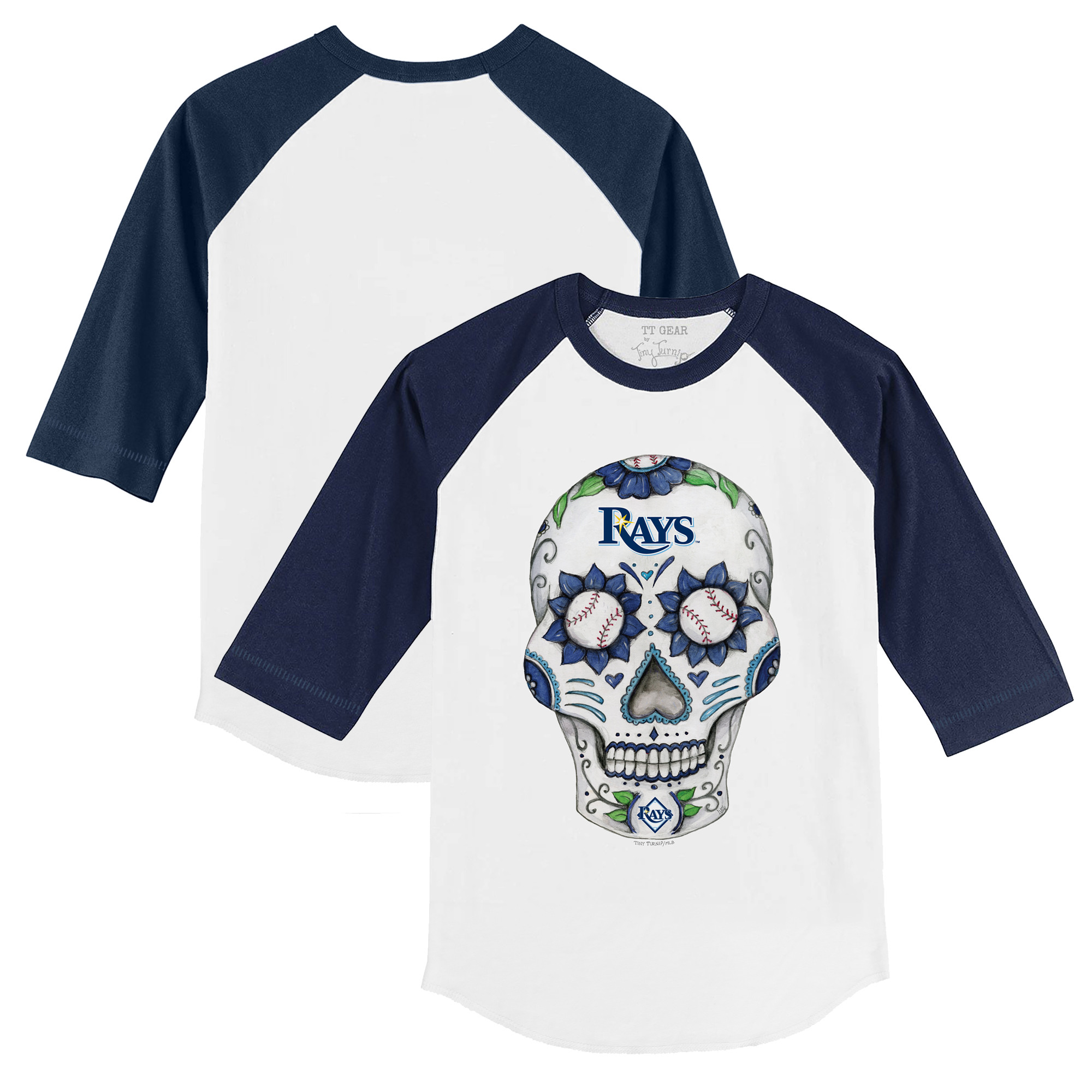 Toddler Tiny Turnip White/Navy Tampa Bay Rays Sugar Skull 3/4-Sleeve Raglan T-Shirt - Image 2