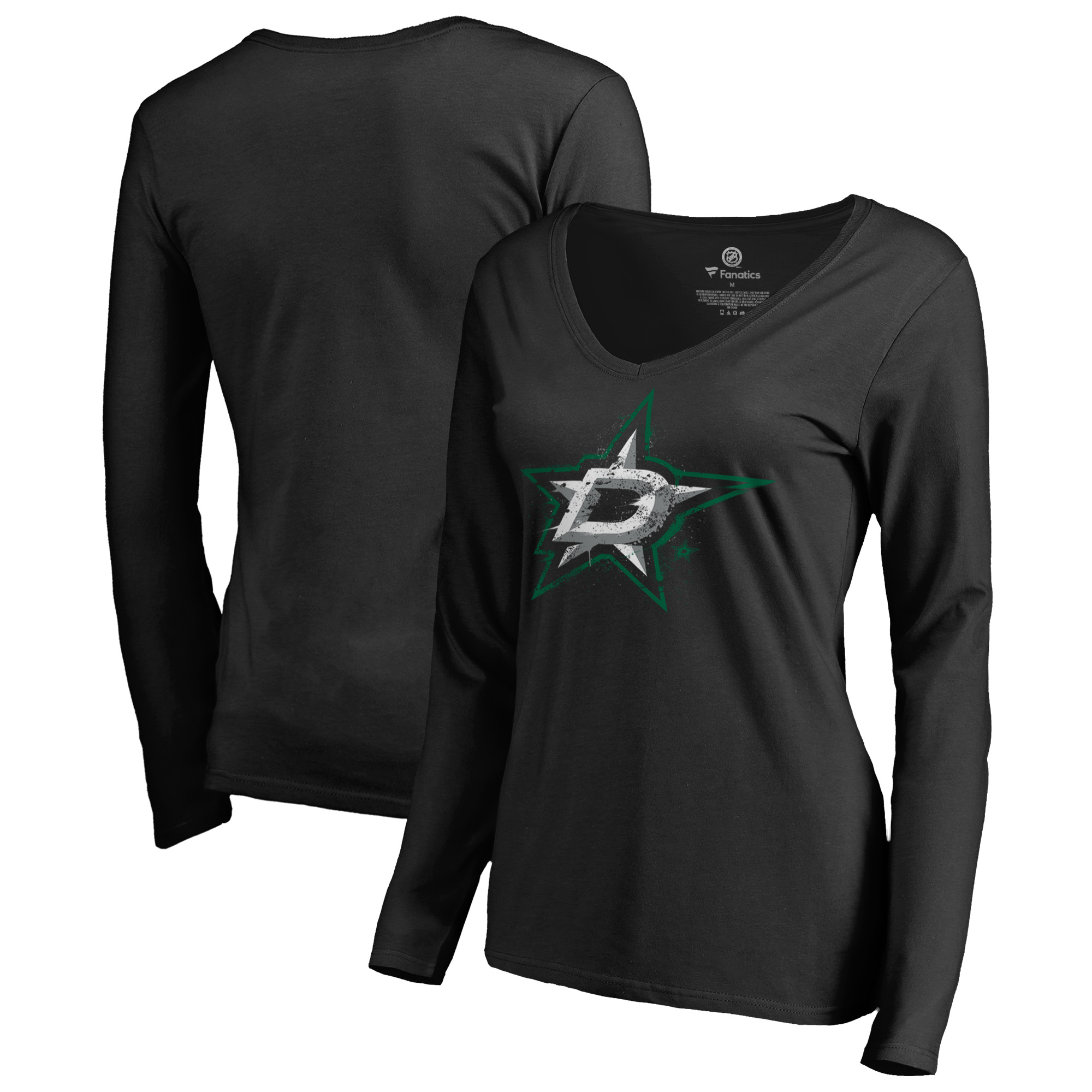Women's Black Dallas Stars Splatter Logo V-Neck Long Sleeve T-Shirt - Image 2
