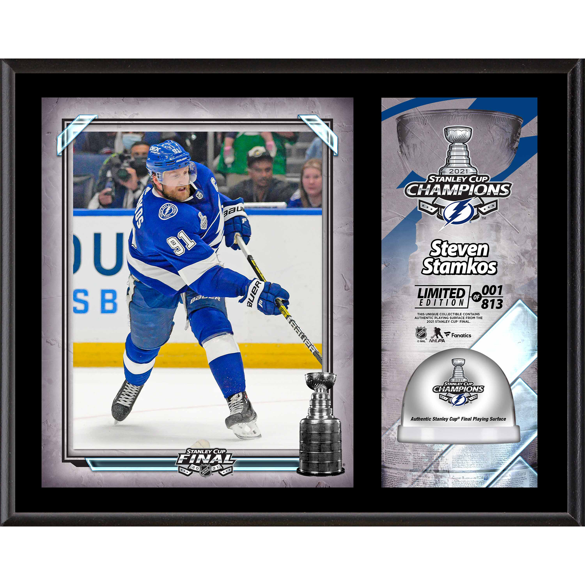 Steven Stamkos Tampa Bay Lightning 2021 Stanley Cup Champions 12'' x 15'' Sublimated Plaque with Game-Used Ice from the 2021 Stanley Cup Final - Limited Edition of 813