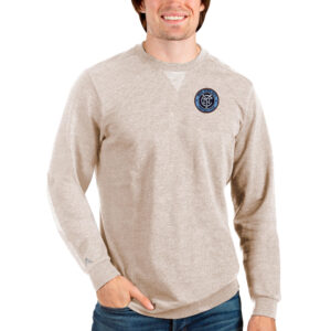 Men's Antigua Oatmeal New York City FC Reward Crewneck Pullover Sweatshirt