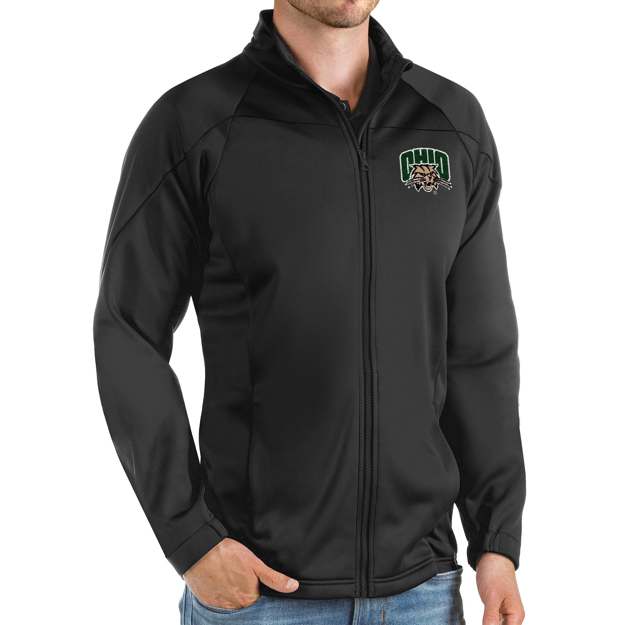 Men's Antigua Black Ohio Bobcats Links Full-Zip Golf Jacket