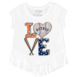 Girls Youth Tiny Turnip White Houston Astros Baseball Love Fringe T-Shirt