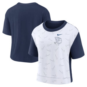 Women's Nike Navy/White Cleveland Guardians Line Up High Hip Fashion T-Shirt