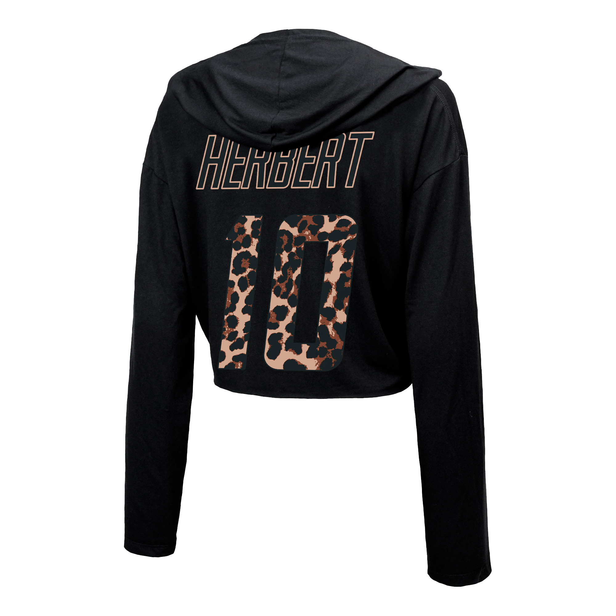 Women's Majestic Threads Justin Herbert Black Los Angeles Chargers Leopard Player Name & Number Long Sleeve Cropped Hoodie - Image 4