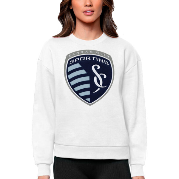 Women's Antigua White Sporting Kansas City Team Logo Victory Pullover Sweatshirt