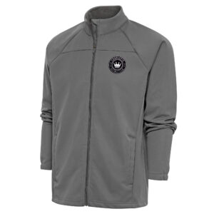 Men's Antigua Steel Charlotte FC Brushed Metallic Logo Links Full-Zip Golf Jacket