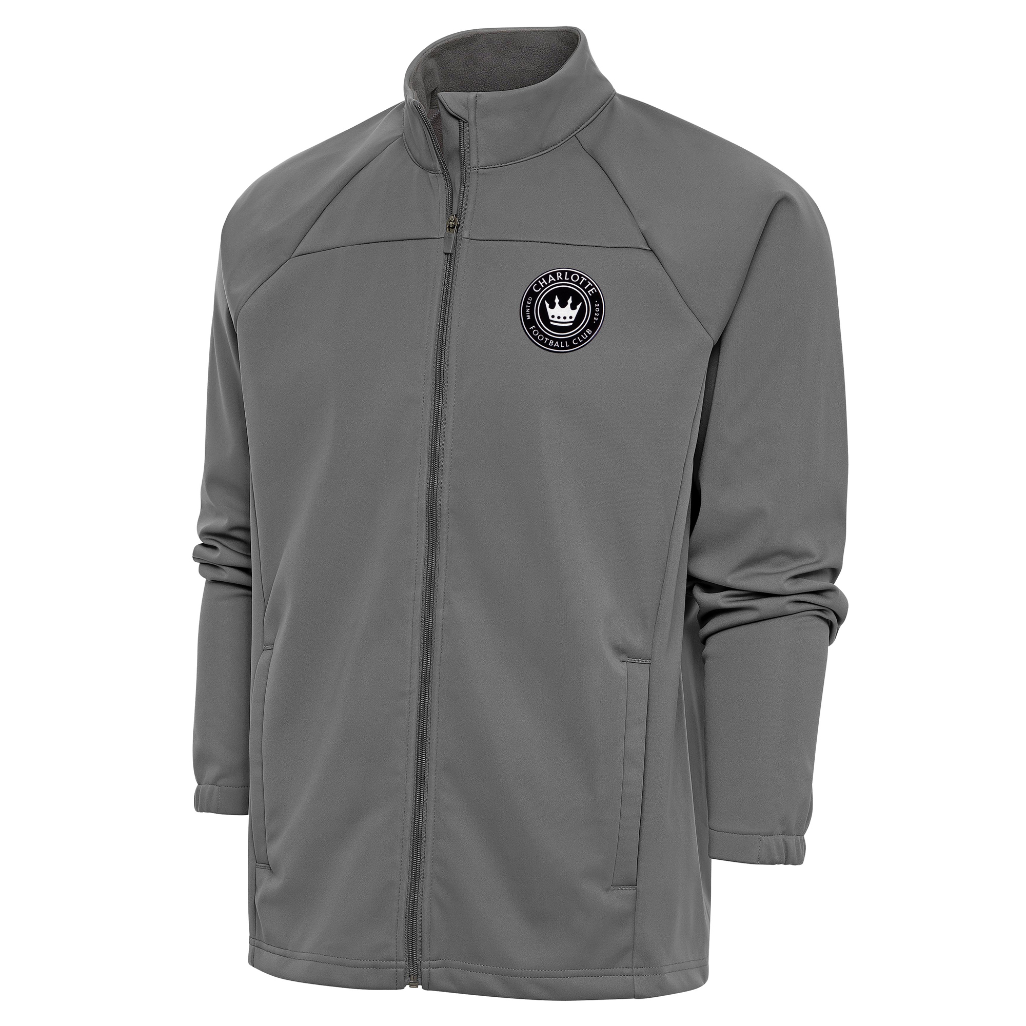 Men's Antigua Steel Charlotte FC Brushed Metallic Logo Links Full-Zip Golf Jacket