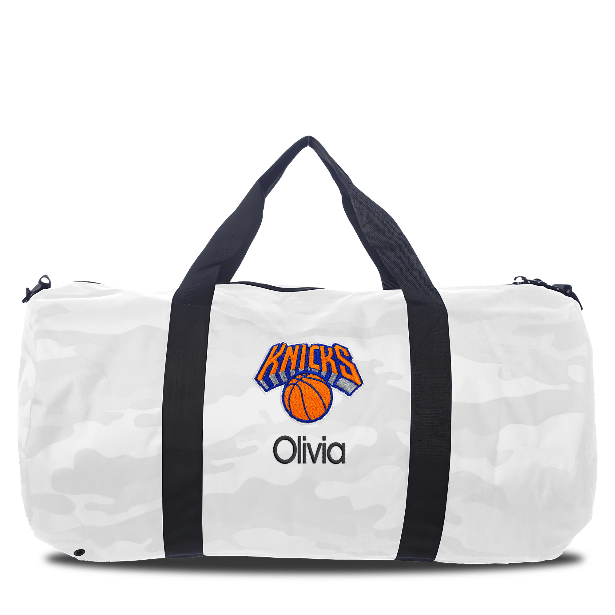 New York Knicks White Camo Print Personalized Duffel Bag