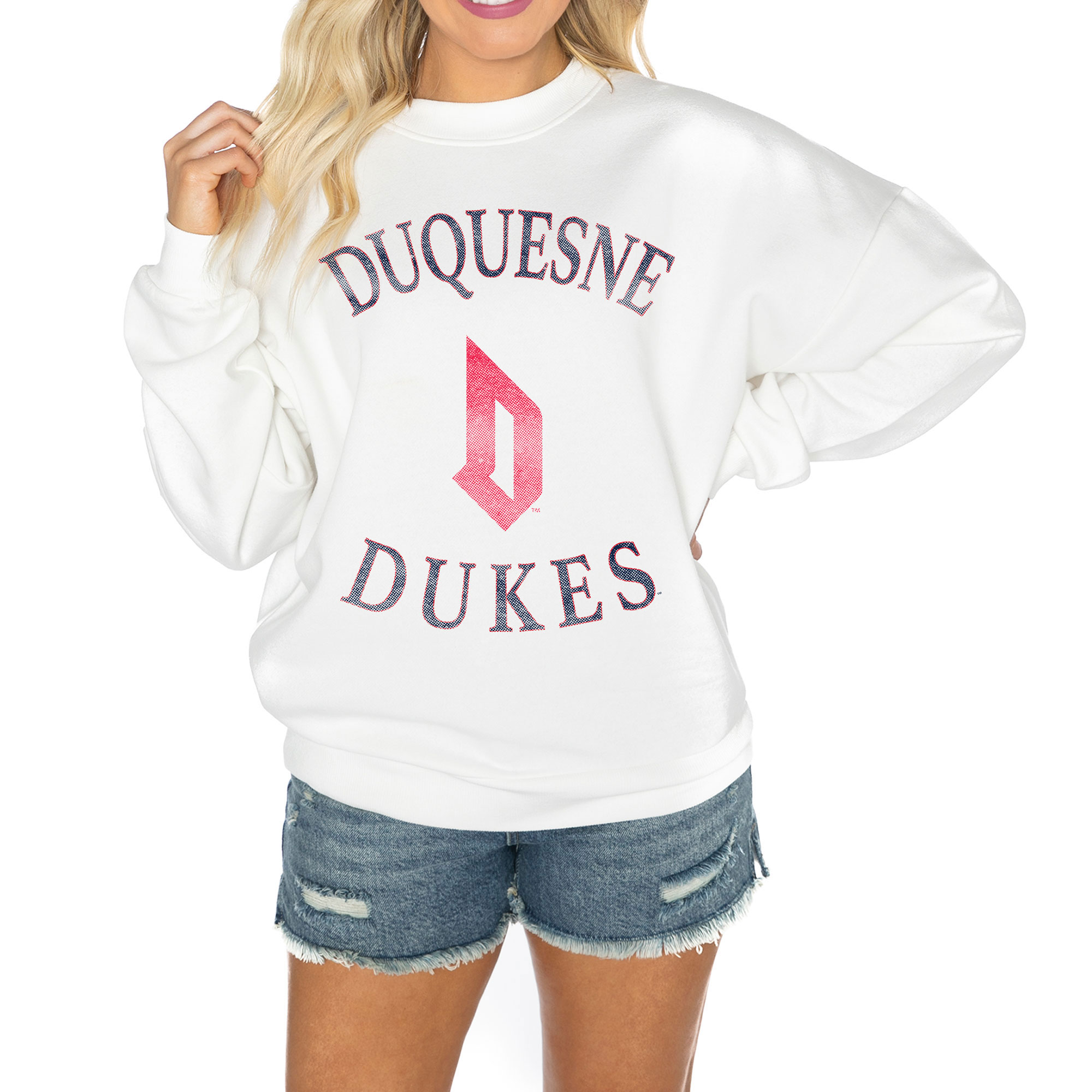 Women's Gameday Couture White Duquesne Dukes Good Vibes Premium Fleece Drop Shoulder Pullover Sweatshirt