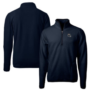 Men's Cutter & Buck  Navy Denver Broncos Helmet Cascade Eco Sherpa Fleece Quarter-Zip Pullover Jacket