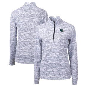 Women's Cutter & Buck  Charcoal Philadelphia Eagles Helmet Logo Traverse Camo Print Stretch Quarter-Zip Pullover Top