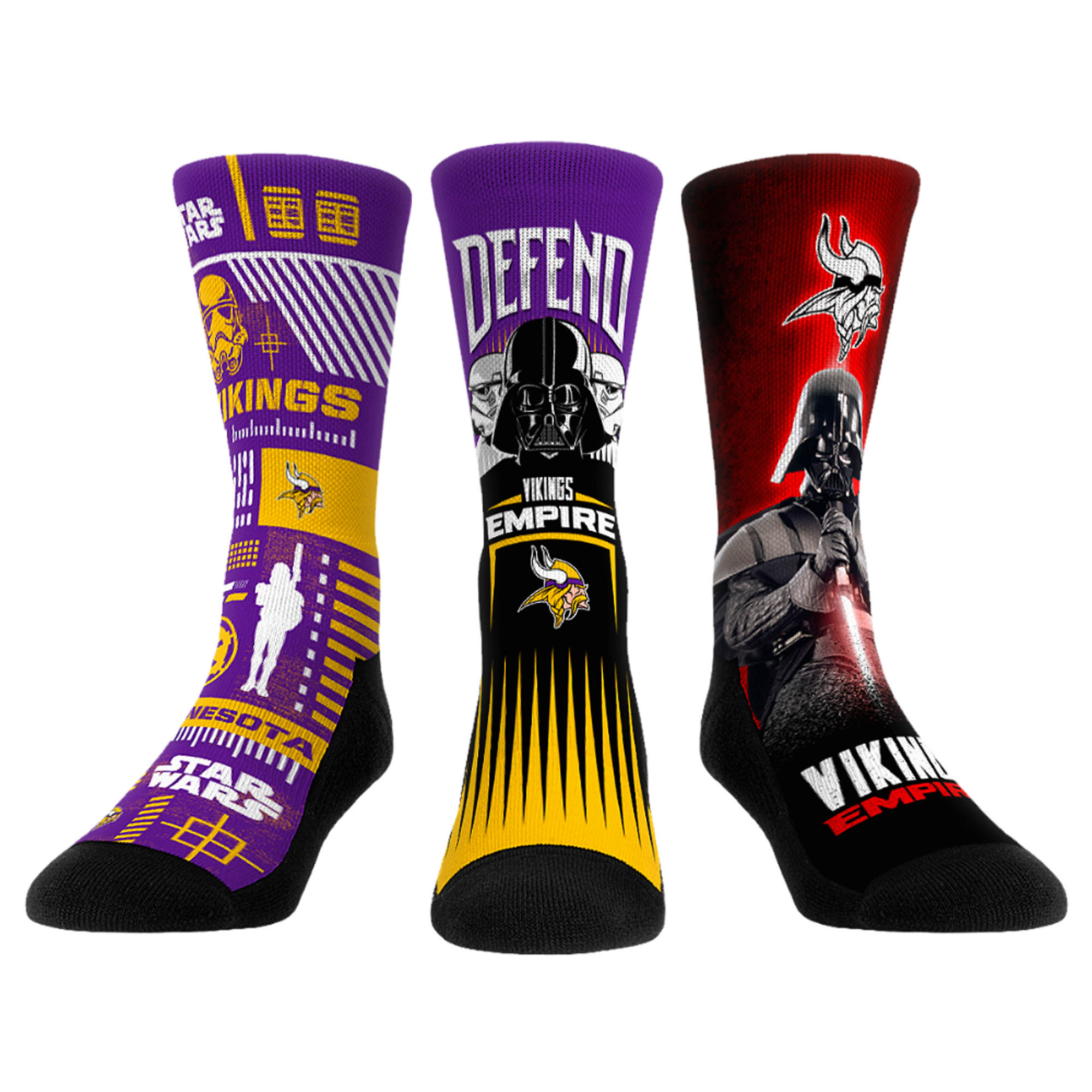 Rock Em Socks Stormtrooper & Darth Vader Minnesota Vikings Three-Pack Star Wars Crew Socks Set