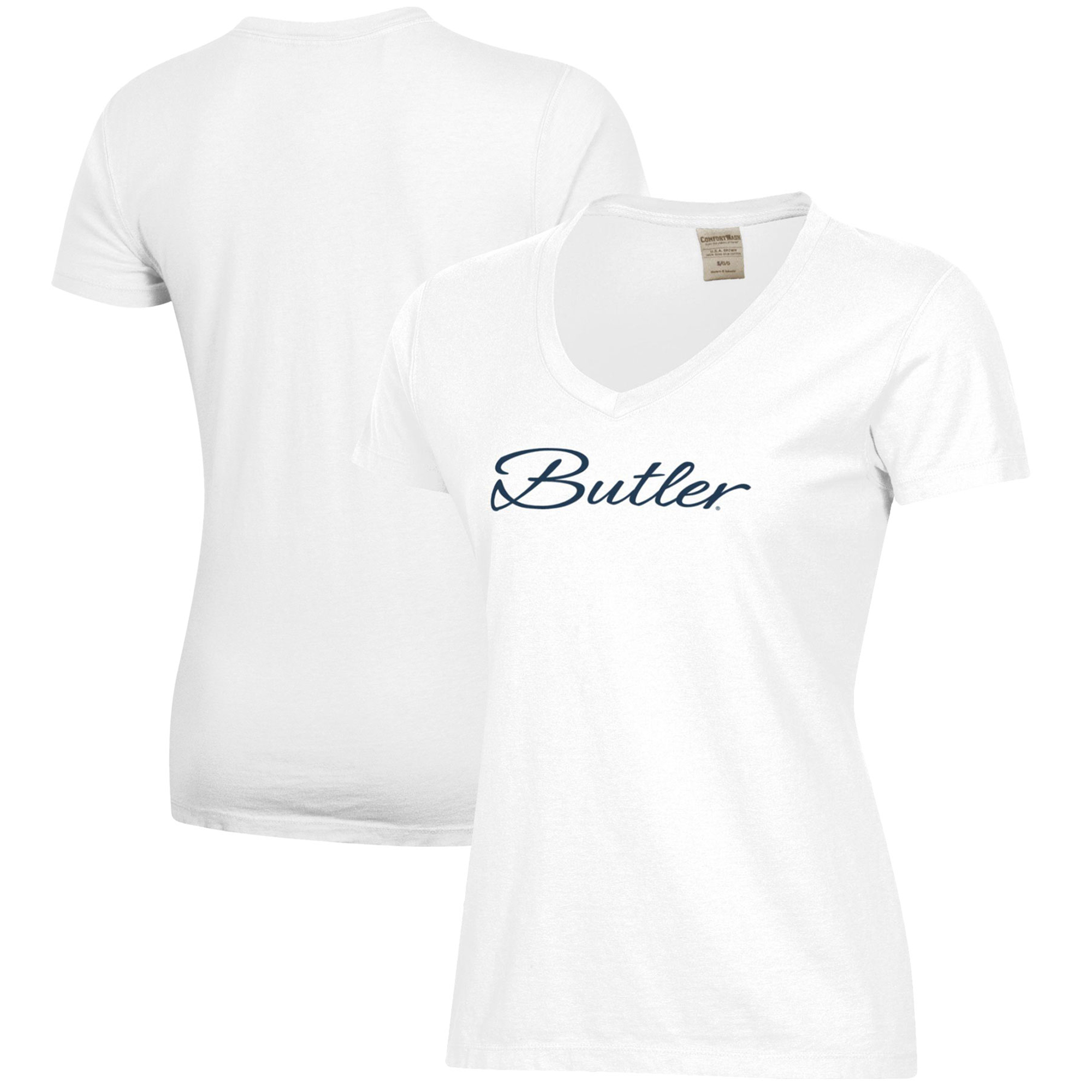 Women's White Butler Bulldogs Script Logo Comfort Wash V-Neck T-Shirt - Image 5
