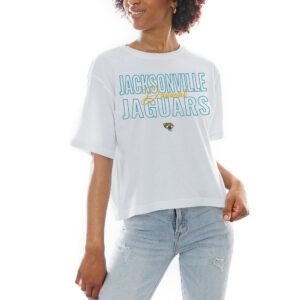 Women's Gameday Couture White Jacksonville Jaguars Keep Playing Boxy Fit Cropped T-Shirt