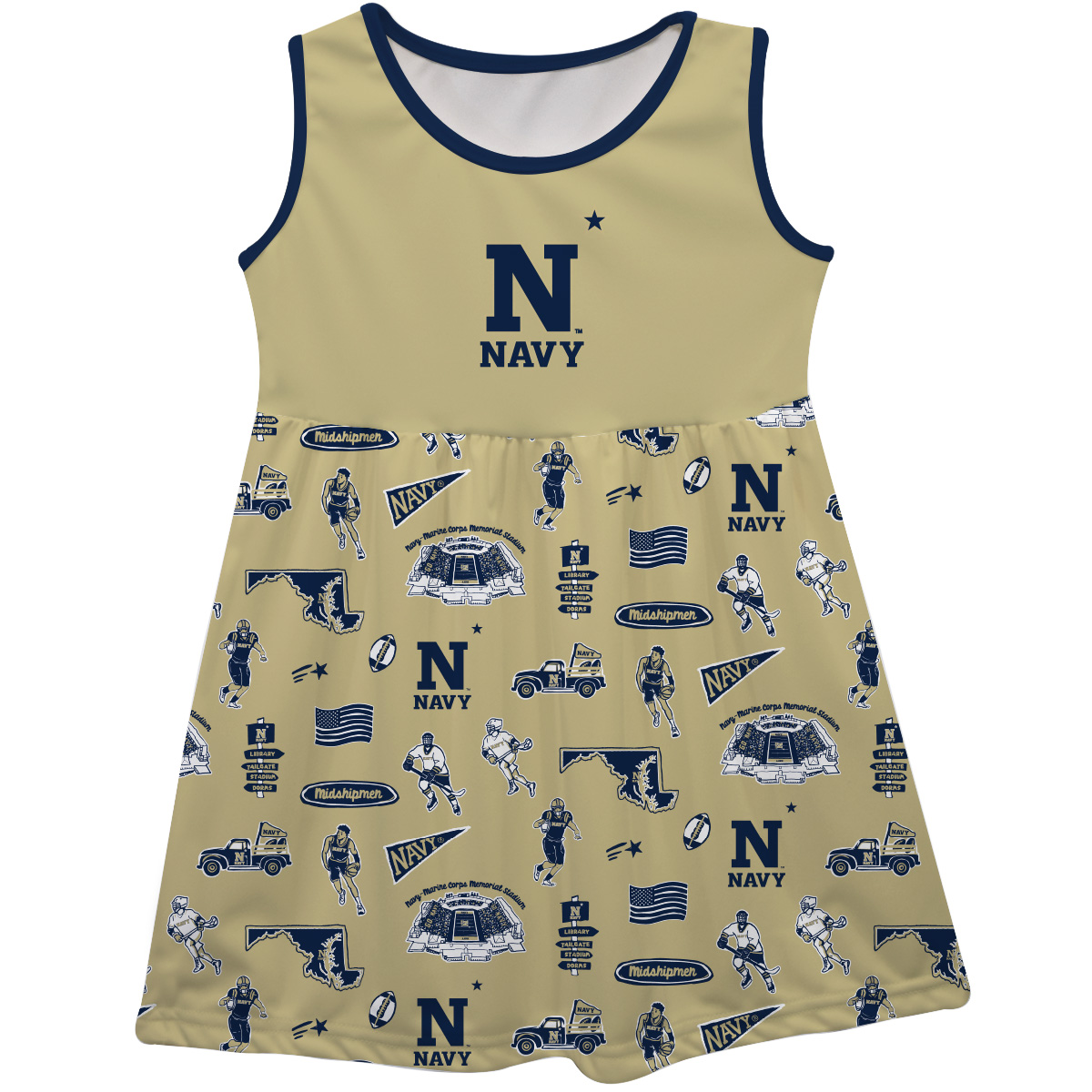 Girls Youth Vive La Fete Gold Navy Midshipmen Impressions Artwork Tank Top Dress