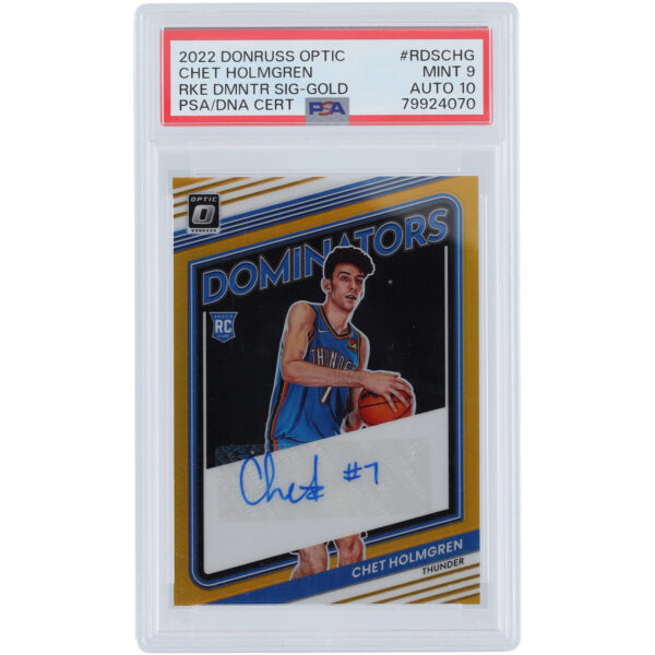 Chet Holmgren Oklahoma City Thunder Autographed 2022-23 Panini Donruss Optic Dominators Gold Prizm #RDS-CHG #4/10 PSA Authenticated 9/10 Rookie Card