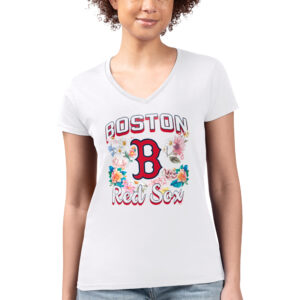 Women's G-III 4Her by Carl Banks White Boston Red Sox Flowers Graphic Fitted V-Neck T-Shirt