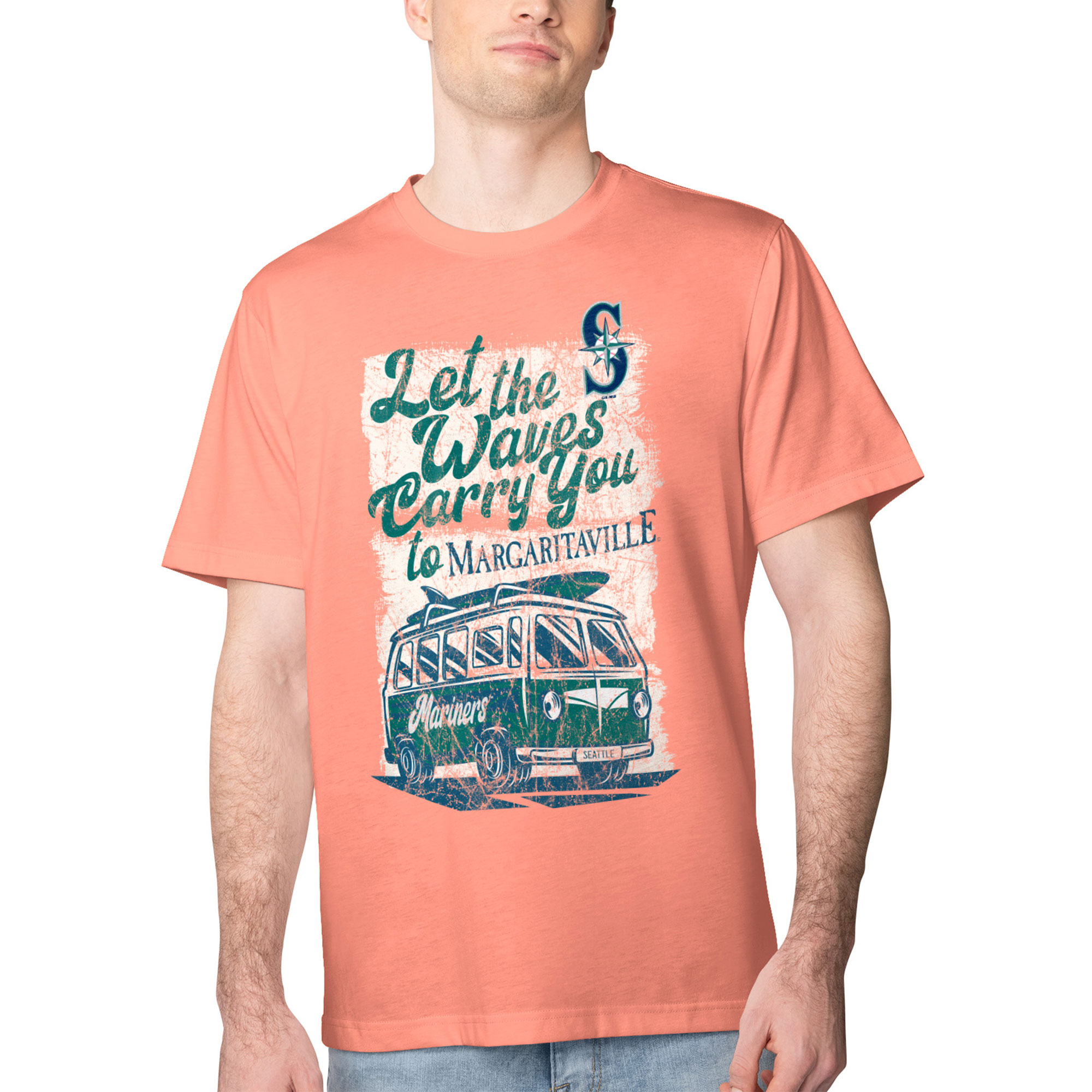 Men's Margaritaville Coral Seattle Mariners Bus Waves Graphic T-Shirt