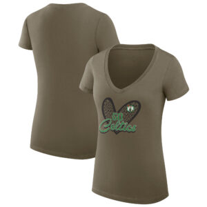 Women's G-III 4Her by Carl Banks  Olive Boston Celtics Leopard Heart Fitted V-Neck T-Shirt