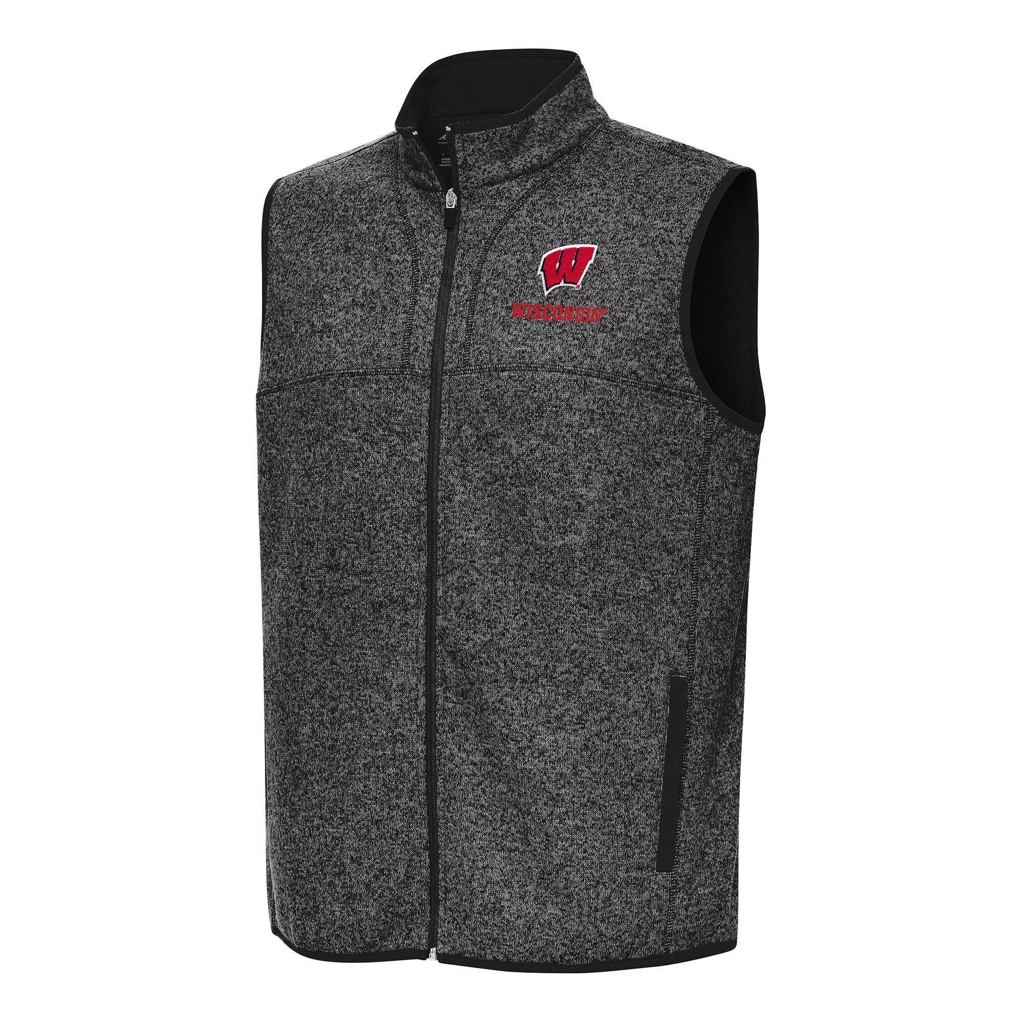 Men's Antigua Heather Black Wisconsin Badgers Fortune Full-Zip Vest