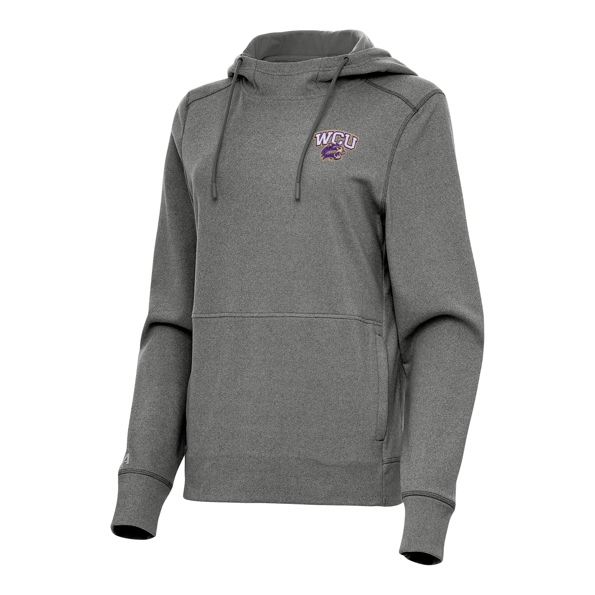 Women's Antigua Heather Black Western Carolina Catamounts Justice Pullover Hoodie