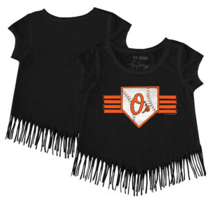 Girls Youth Tiny Turnip Black Baltimore Orioles Base Stripe Fringe T-Shirt