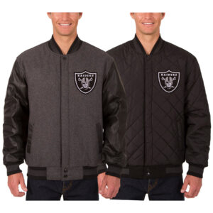 Men's JH Design Charcoal Las Vegas Raiders Wool & Leather Reversible Jacket with Embroidered Logos