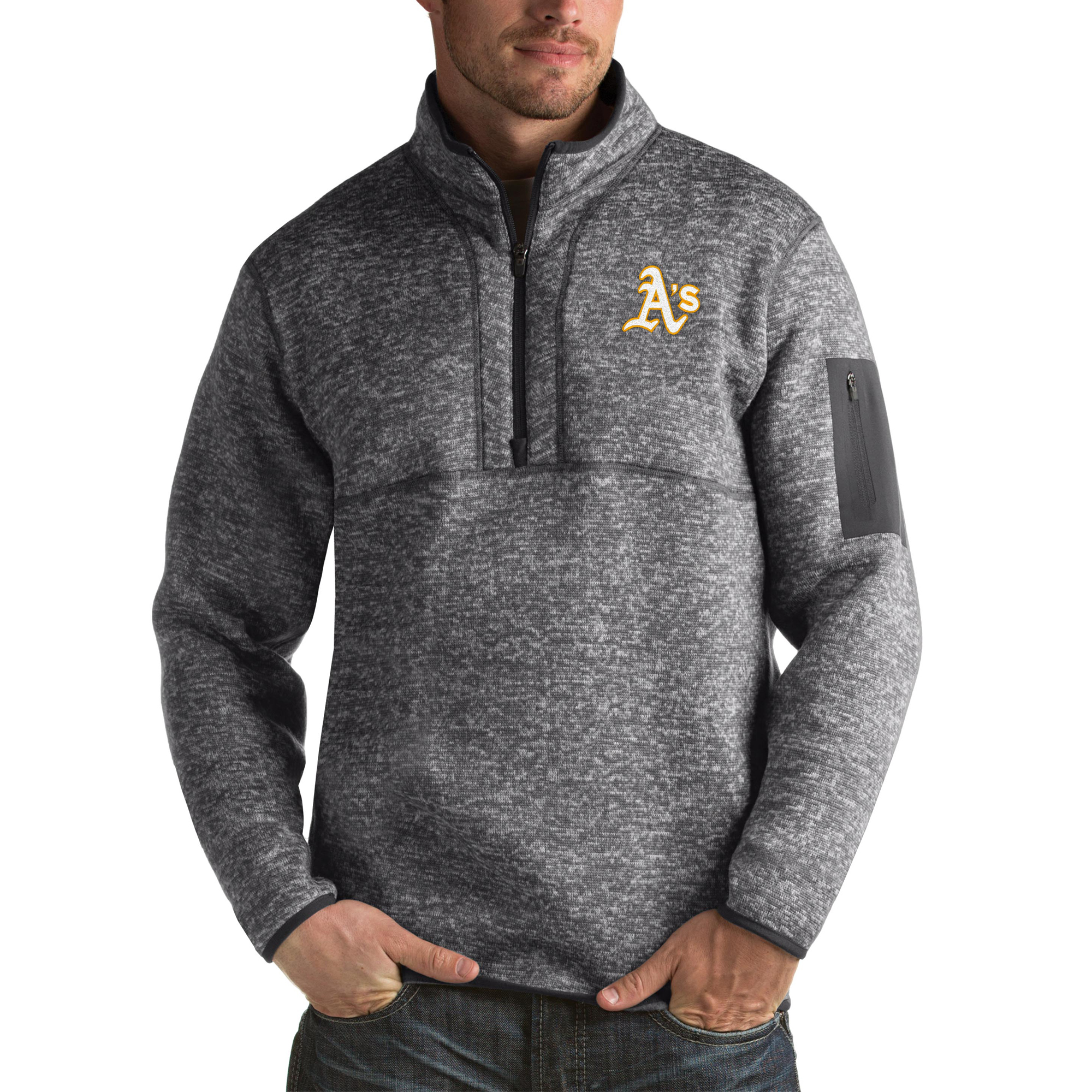 Men's Antigua Heather Charcoal Oakland Athletics Fortune Big & Tall Quarter-Zip Pullover Jacket