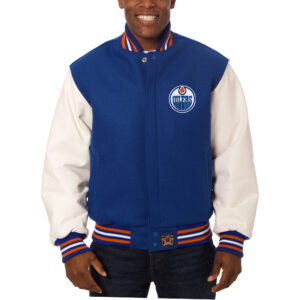 Men's JH Design Blue/White Edmonton Oilers Big & Tall All-Wool & Leather Full-Snap Jacket