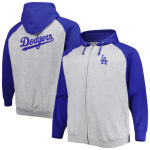 Men's Heather Gray/Royal Los Angeles Dodgers Big & Tall Raglan Hoodie Full-Zip Sweatshirt