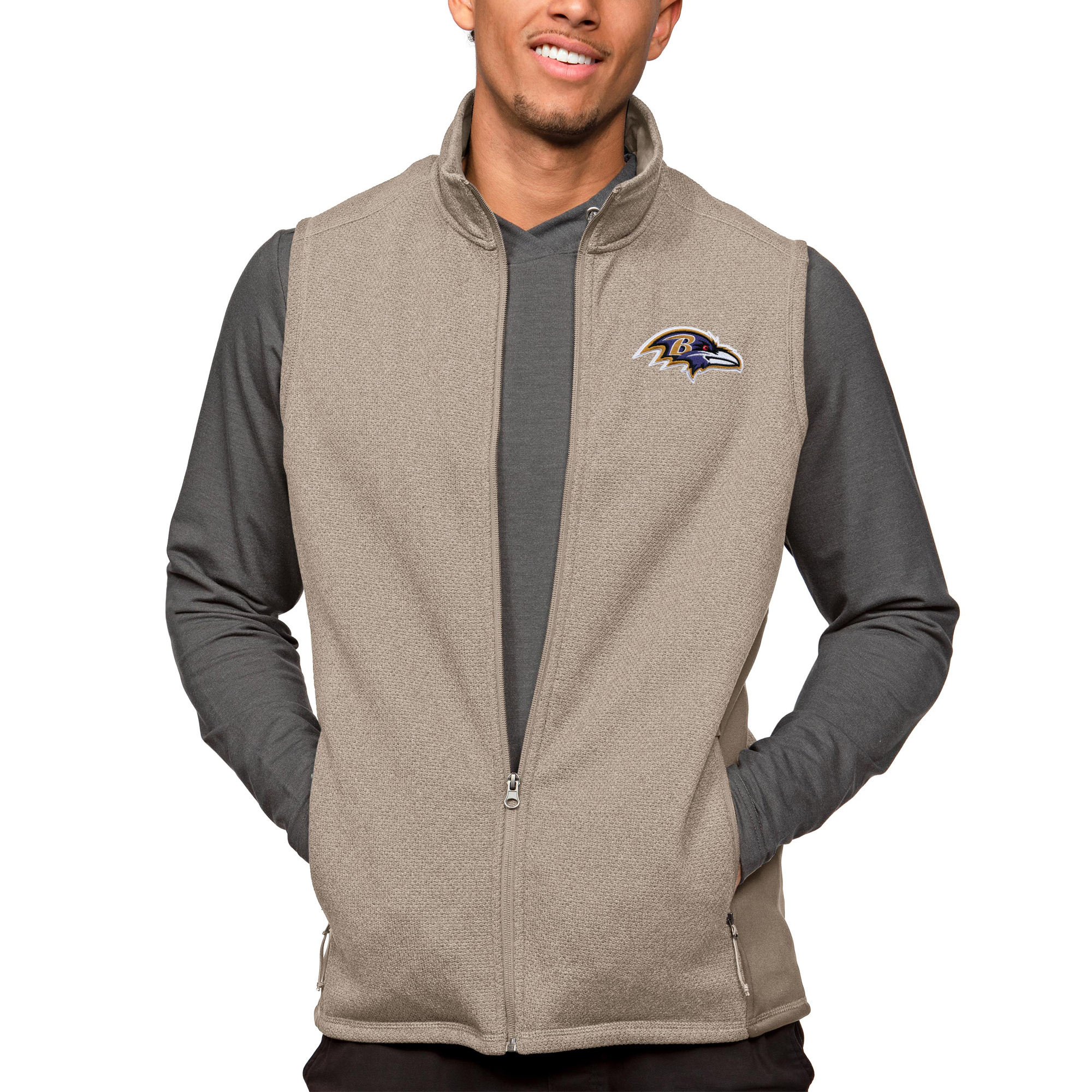 Men's Antigua Oatmeal Baltimore Ravens Course Full-Zip Vest