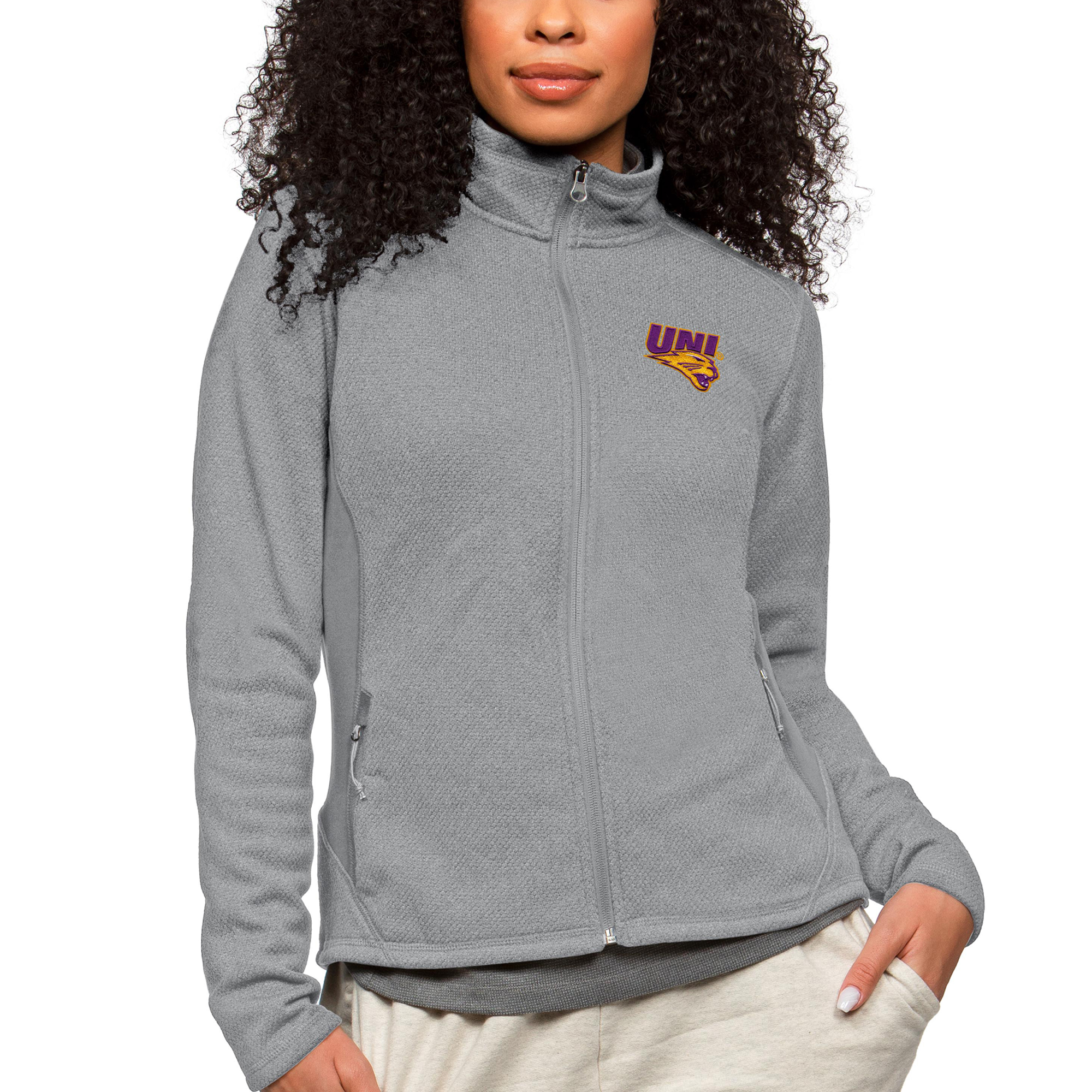 Women's Antigua Heather Gray Northern Iowa Panthers Course Full-Zip Jacket