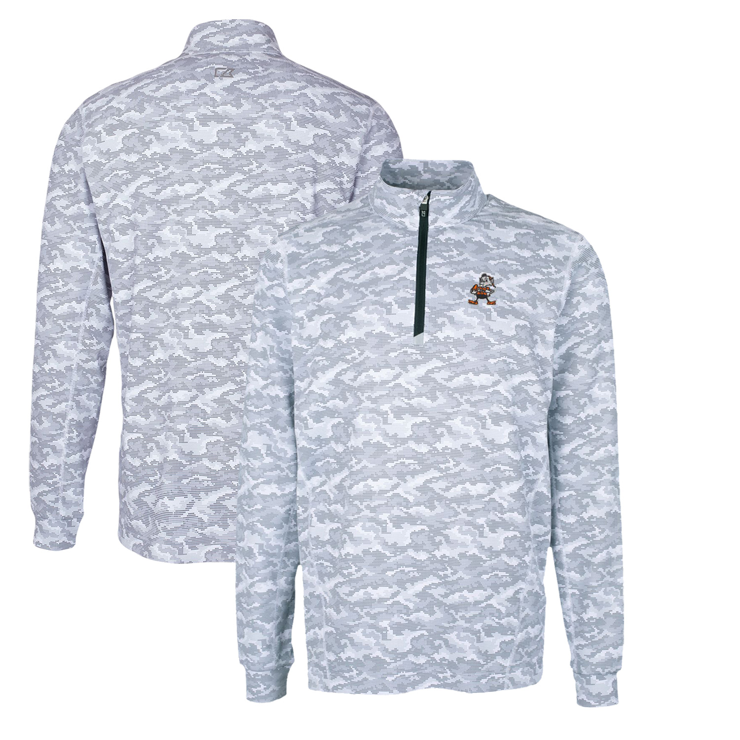Men's Cutter & Buck Charcoal Cleveland Browns Throwback Logo Traverse Camo Print Stretch Quarter-Zip Pullover Top