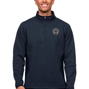 Men's Antigua Heather Navy Philadelphia Union Primary Team Logo Course Quarter-Zip Pullover Top