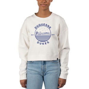 Women's Uscape Apparel White Duquesne Dukes Fleece Crop Pullover Sweatshirt