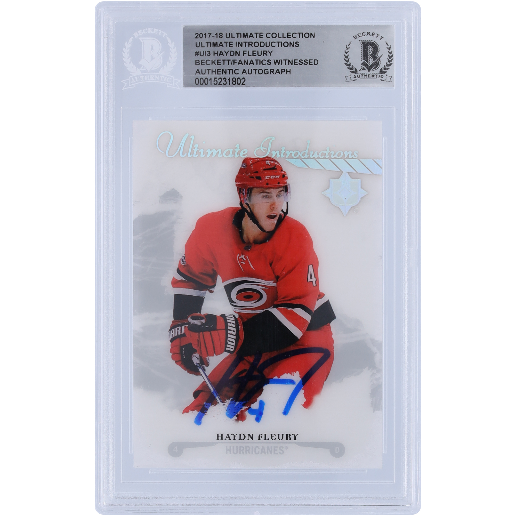 Haydn Fleury Carolina Hurricanes Autographed 2017-18 Upper Deck Ultimate Collection Ultimate Introductions #UI-3 Beckett Fanatics Witnessed Authenticated Rookie Card - Image 4