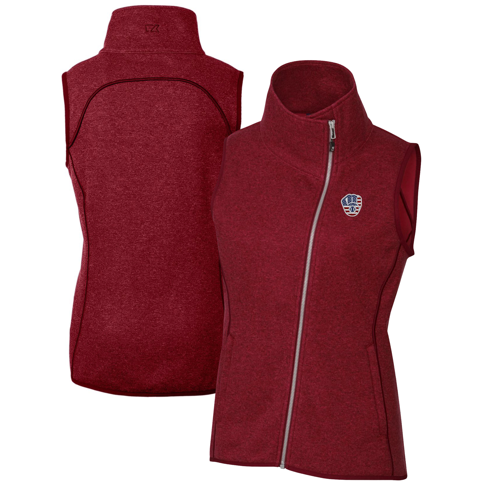 Women's Cutter & Buck Cardinal Milwaukee Brewers Americana Logo Mainsail Sweater-Knit Full-Zip Asymmetrical Vest - Image 2