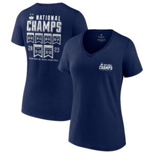 Women's Fanatics  Navy UConn Huskies 2023 NCAA Men’s Basketball National Champions Schedule V-Neck T-Shirt