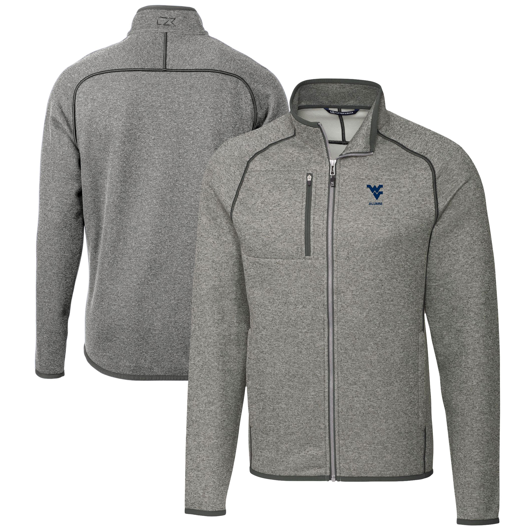 Men's Cutter & Buck Heather Gray West Virginia Mountaineers Alumni Logo Mainsail Sweater-Knit Full-Zip Jacket
