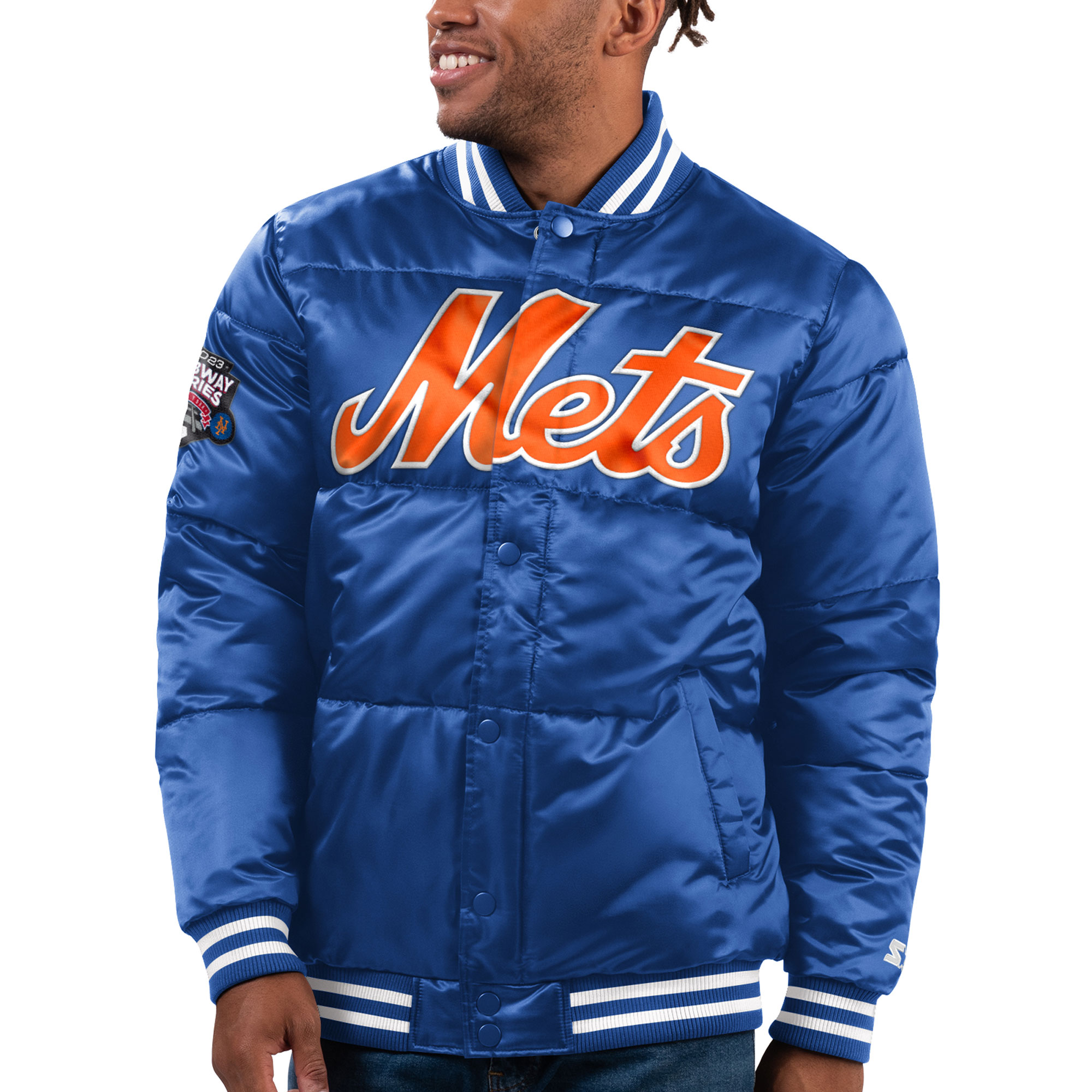 Men's Starter Royal New York Mets Bronx Satin Full-Snap Bomber Jacket - Image 2