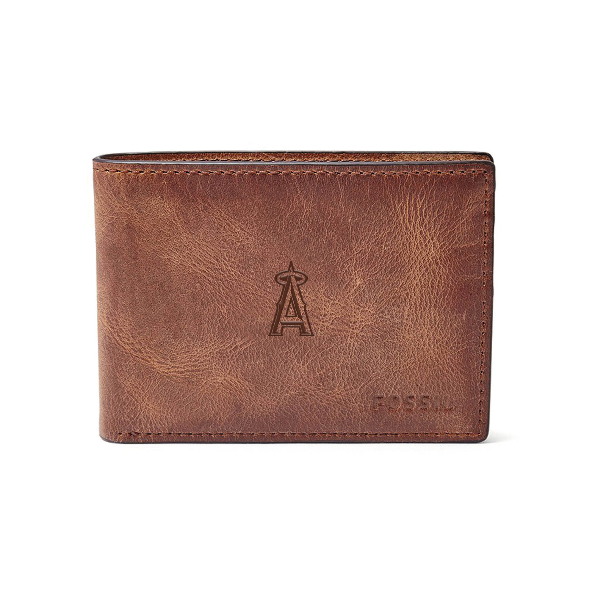 Fossil Brown Los Angeles Angels Leather Derrick Front Pocket Bifold Wallet