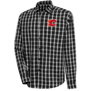 Men's Antigua  Black Calgary Flames Carry Tri-Blend Button-Down Long Sleeve Shirt
