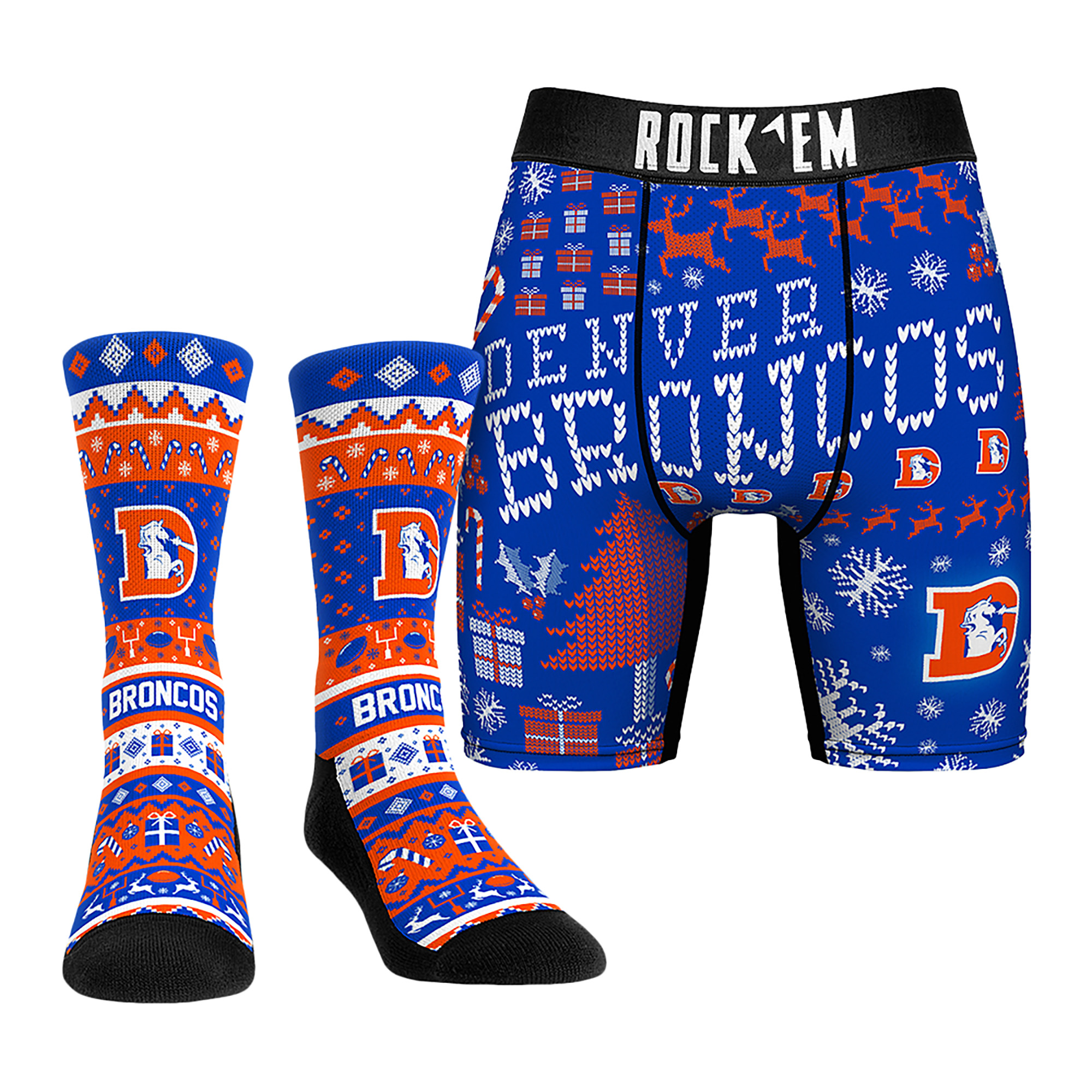 Men's Rock Em Socks Denver Broncos Retro Throwback Holiday Tacky Sweater Underwear and Crew Socks Combo Pack