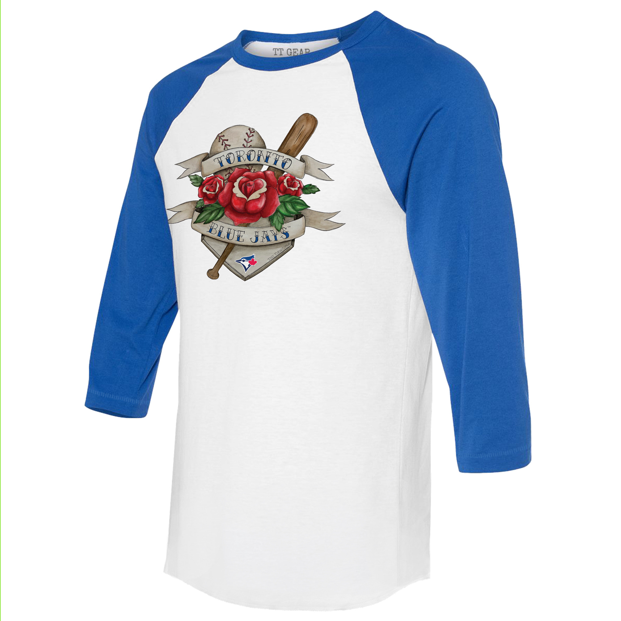 Unisex Tiny Turnip White/Royal Toronto Blue Jays Tattoo Rose 3/4-Sleeve Raglan T-Shirt - Image 6