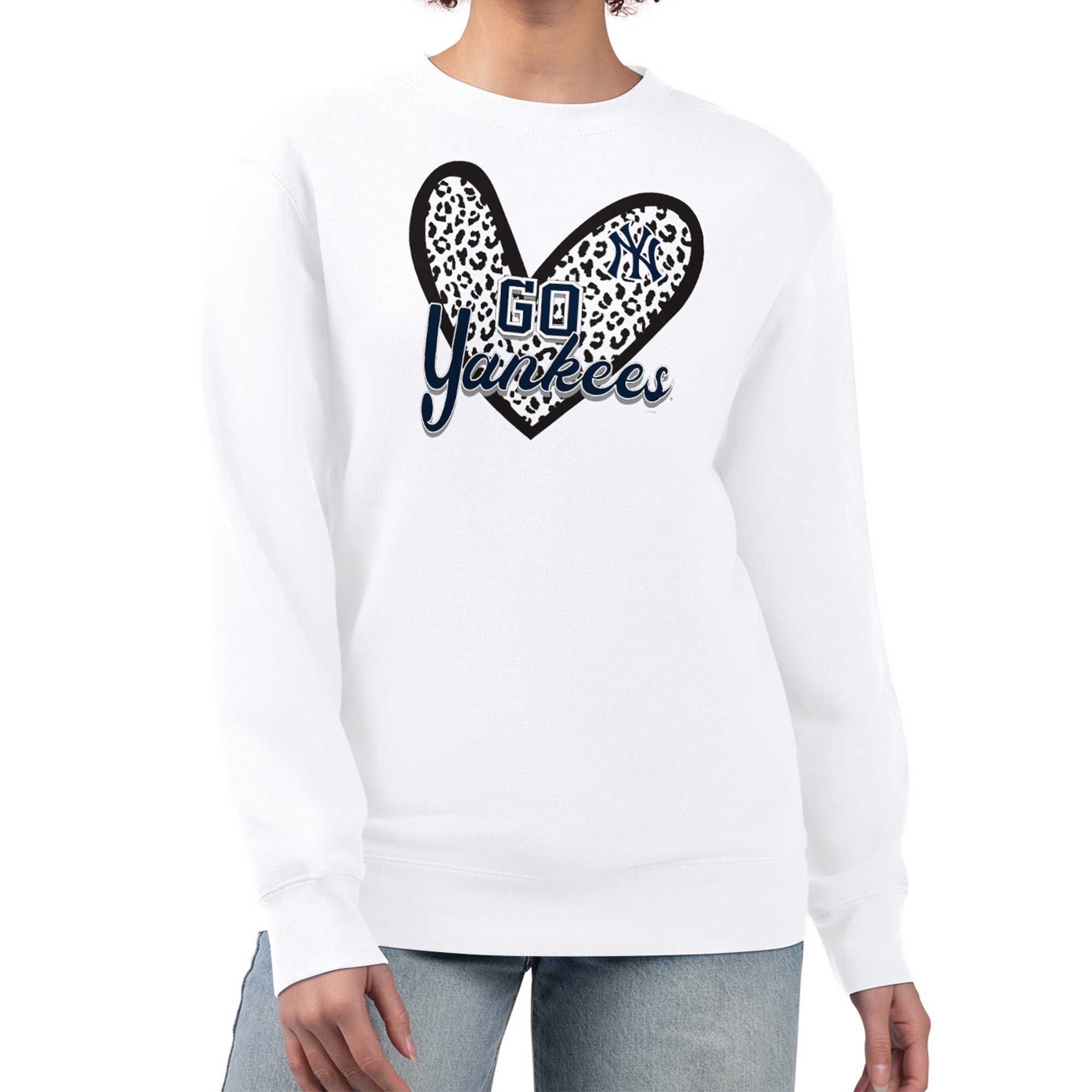 Women's G-III 4Her by Carl Banks White New York Yankees Leopard Heart Pullover Sweatshirt