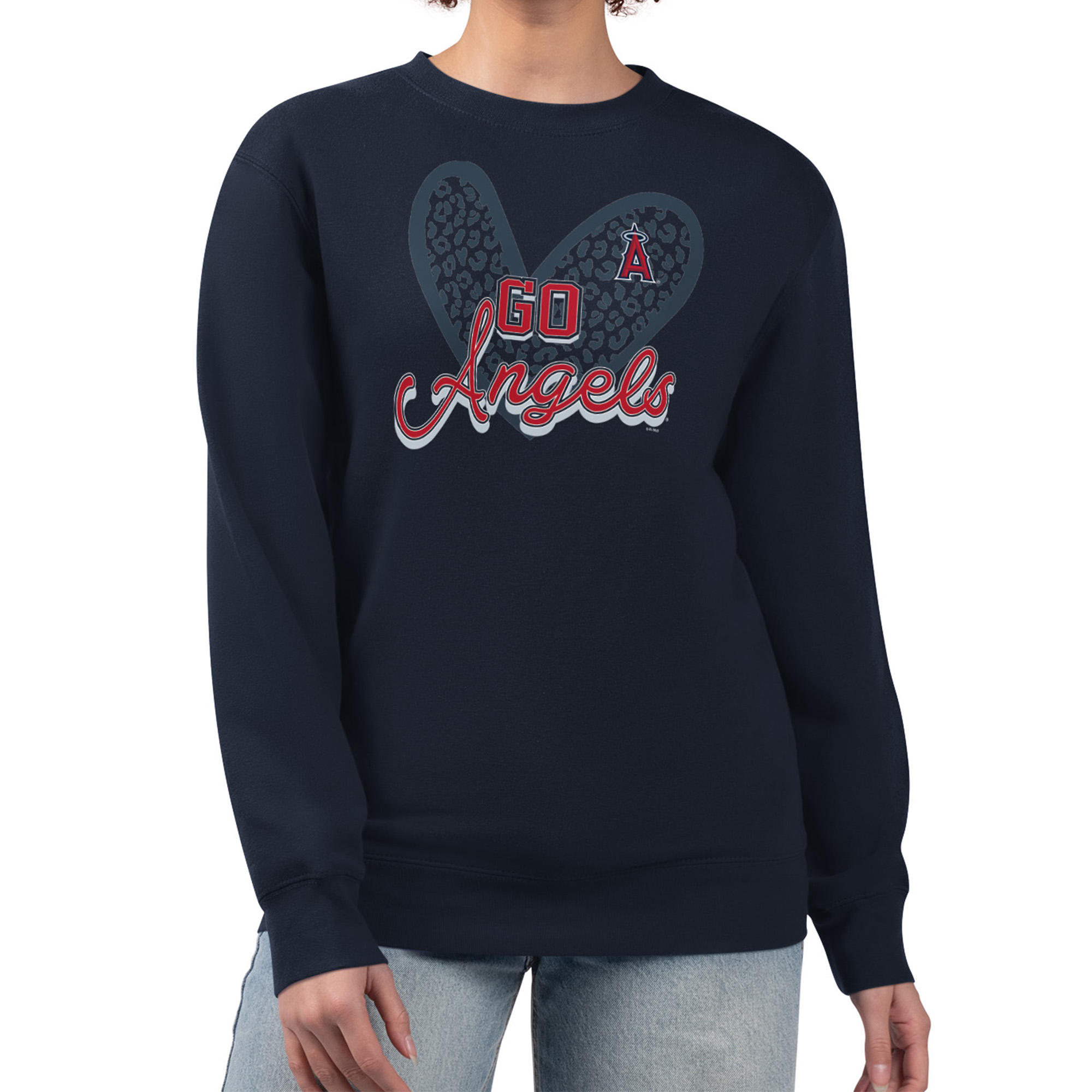 Women's G-III 4Her by Carl Banks Navy Los Angeles Angels Leopard Heart Pullover Sweatshirt