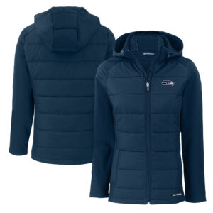 Women's Cutter & Buck College Navy Seattle Seahawks Evoke Hybrid Eco Softshell Recycled Full-Zip Hoodie Jacket