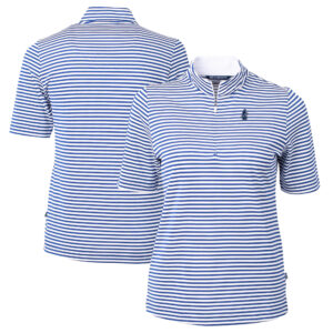 Women's Cutter & Buck Royal/White Chicago Cubs Cooperstown Collection Virtue Eco Pique Stripe Recycled Tri-Blend Quarter-Zip Top