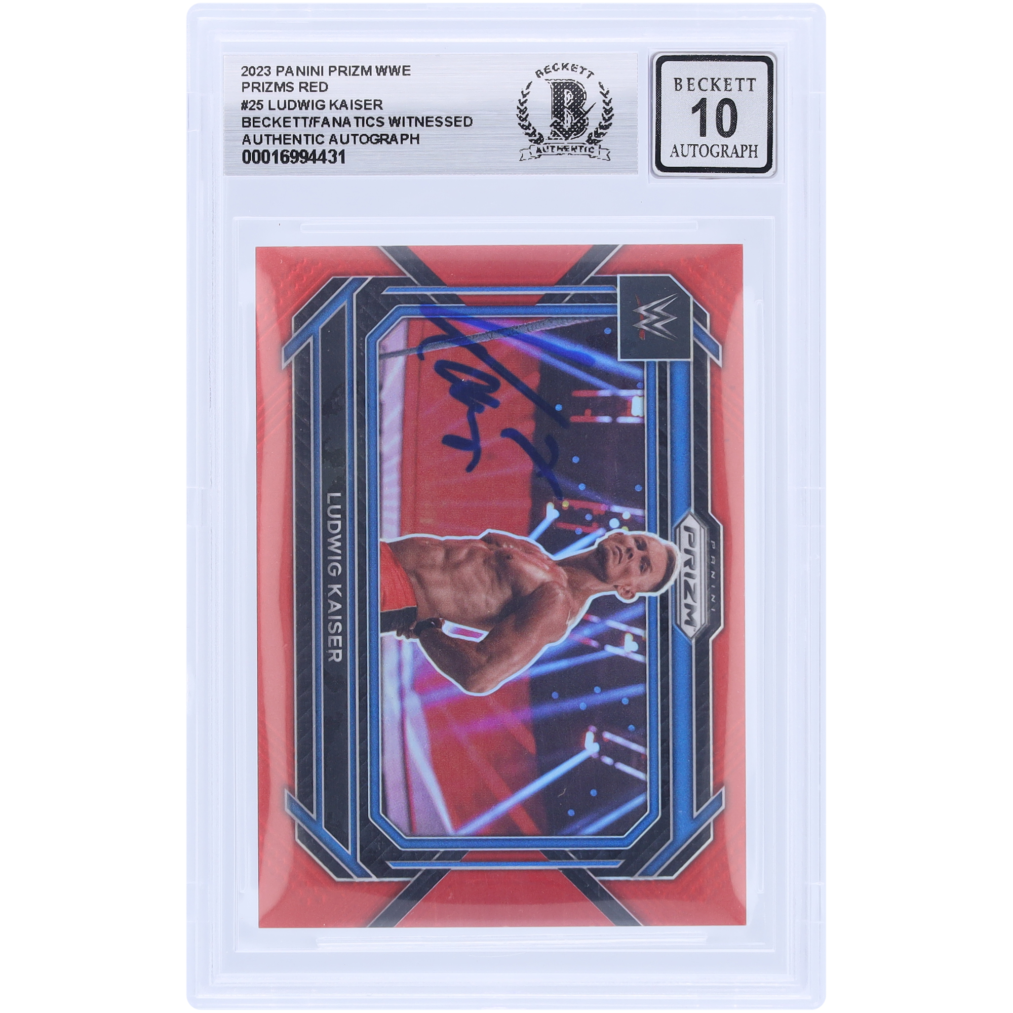 Ludwig Kaiser WWE Autographed 2023 Panini Prizm Red Prizm #25 #/299 Beckett Fanatics Witnessed Authenticated 10 Card