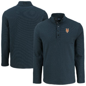 Men's Cutter & Buck Black New York Mets Hunts Point Eco Textured Fleece Recycled Half-Snap Sweatshirt